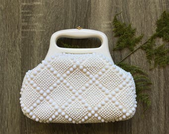 vintage white beaded purse with lucite handle