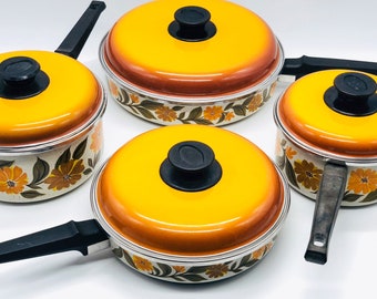 Enamelware Set Retro Floral Orange 70s Spain JM Capri Vintage Enamelware 8pc Set w Lids