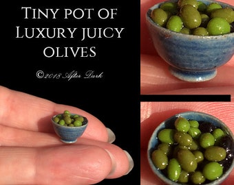 Tiny Pot of Juicy Olives - Artisan fully Handmade Miniature in 12th scale food. From After Dark miniatures.