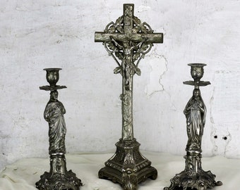 3 piece Altar Set Standing Ornate Crucifix Candlesticks Jesus Virgin Mary HTF