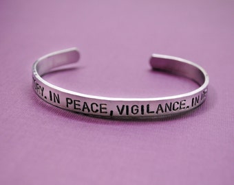 In War, Victory. In Peace, Vigilance. In Death, Sacrifice.- Dragon Age Inspired Grey Warden Bracelet - Hand Stamped Jewelry by Juniper Road