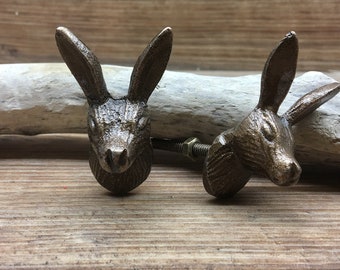 SET OF 2 Bunny Head Rabbit Metal Knobs - Nature Forest Fairytale Theme - Decorative Bunny Drawer Pull - Nursery