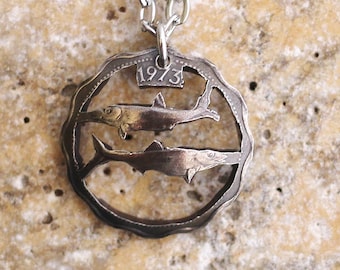 Bahama Islands Domed Cut Coin Pendant Necklace, Domed Coin Necklace, Bonefish Fish Coin, 10 Cents, 1973, Cut Coin Jewelry by Hendywood
