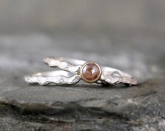Cognac Rose Cut Diamond Twig Engagement Ring - Sterling Silver 14K Yellow Gold - Tree Branch Rings - Nature - Alternative Engagement Ring