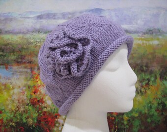 Women's Chemo Hat ' Mary', Lavender Cotton Knitted Hat, with knitted flower trim.