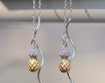 Tiny Two Tone Pineapple Earring,Sterling Silver Chain Threader Earring,Gold Silver Pineapple Charm,Silver Chain Earrings,Dainty,Petite,Gift