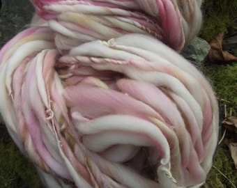 Handspun art yarn, Organic Polwarth handpainted yarn, super bulky thick and thin Cherry Blossom