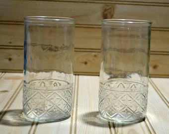 Vintage Jam Jelly Drinking Glasses Tall Quilted Design Set of 2 No Markings Kitchen Glassware Collectible Promotional Tea Water