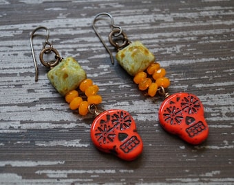 Unlisted - Skull Earrings - Red and Orange Earrings - Boho Earrings - Bright Colors - Pyramid Earrings - Bead Soup Jewelry