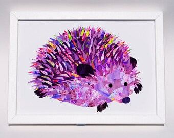 Hedgehog print, Personalised collage hedgehog gift, Hedgehog lover art, Cute nursery animal print, Paper collage wall art, Nursery decor