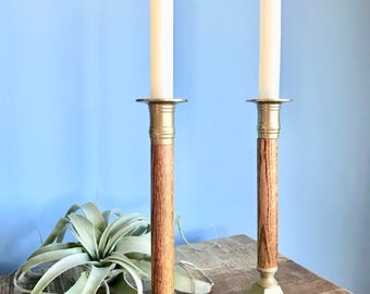 Set 2 Vintage Wood Brass Candle Holders // Candlesticks // Boho Decor