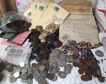 MEGA LOT(17 ITEMs)WWI ww1 coins+militaria+silver+pins+buttons+letters+stamps Plus Bonus Items #!25