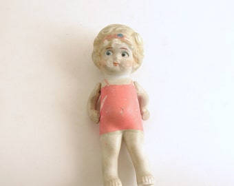 Antique Frozen Charlotte Miniature Doll Pink Swimsuit Bisque Hand Painted Face