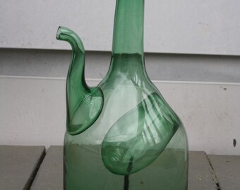Green Glass Wine Decanter- Handblown, made in Italy 1960's