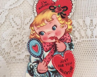 Vintage 1950s Valentine Card Little Girl Putting On Lipstick Collectible paper Ephemera Arts Crafts Scrap Booking