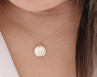 14k solid gold 3/8" initial necklace personalized necklace disc necklace