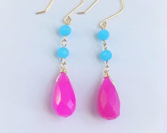 Teardrop Dangle Earrings, Hot Pink Teardrop Earrings