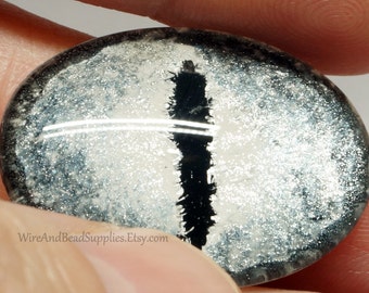 Glass Eye Black, Gray, White and Silver Dragon Eye Cabochon 30x20mm Hand Painted