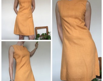 60s Vintage orange shertbet linen shift mod dress uk 10/12