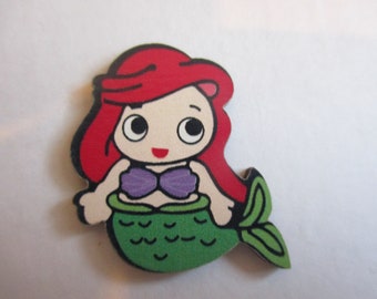 Mermaid with red hair and green tail Ariel large wooden button needleminder magnet
