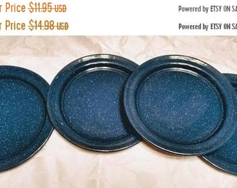 Spring SALE 20% OFF 4 Vintage SPECKLED Blue Enamelware Plates, Made in Mexico...rustic decor, camping, glamping