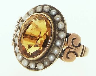 Antique Victorian Eng. 9kt Gold Genuine Citrine Seed Pearl Cluster Ring C.1890