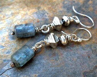 Blue Kyanite Cylinder Beads/Silver Handmade Beads/Casual Silver Dangle Earrings . Rustic Boho Tribal Southwest Style Jewelry