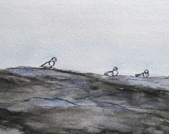 Original Seacoast Watercolor Painting Pen Ink Art Pemaquid Point Rocks Seagulls Plein Air Landscape Seascape Kathleen Daughan Massachusetts