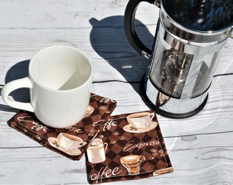 Fabric Cloth Coasters - Mug Rug - Coffee Theme - Housewarming Gift Decoration - Kitchen Linens - Hostess Gift -