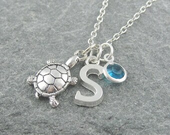 Turtle necklace, tortoise necklace, silver chain, initial necklace, swarovski birthstone, personalized jewelry, gift for her, turtle jewelry