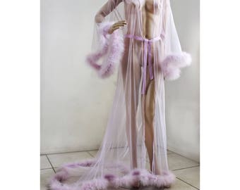 Giselle Lavender Sheer Robe with fur trim, satin ribbon ties. High quality lingerie