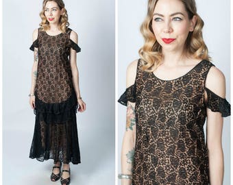 Vintage 1920's Black Lace and Pink Dress/ 20's Lace Illusion Dress/ Flapper Dress Size X-small/Small