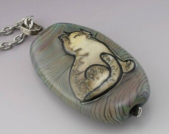 Handmade Jewelry Glass Pendant Sterling Silver Necklace SRA Lampwork Bead Cat Jewelry Handmade Pendant Kitty Necklace Heather Behrendt 5164