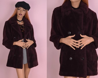 60s Burgundy Faux Fur Coat/ Small/ 1960s/ Jacket/ Double Breasted/ Peacoat