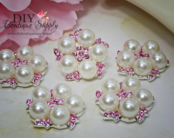 Light Pink Rhinestone Buttons Pearl buttons crystal Buttons Flatback Embellishment Hair bow flower centers 24mm 891042