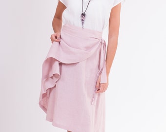 LINEN SKIRT Wrap-inspired silhouette, apron-type, with a belt and pocket at the sides skirt made from washed-softened pure linen fabrics