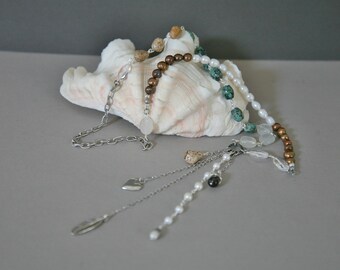 Long Bohemian Necklace, Leather Corded, Gemstone, Dangling Feather Necklace,Turquoise and Brown,Pearl and Quartz, Boho Style