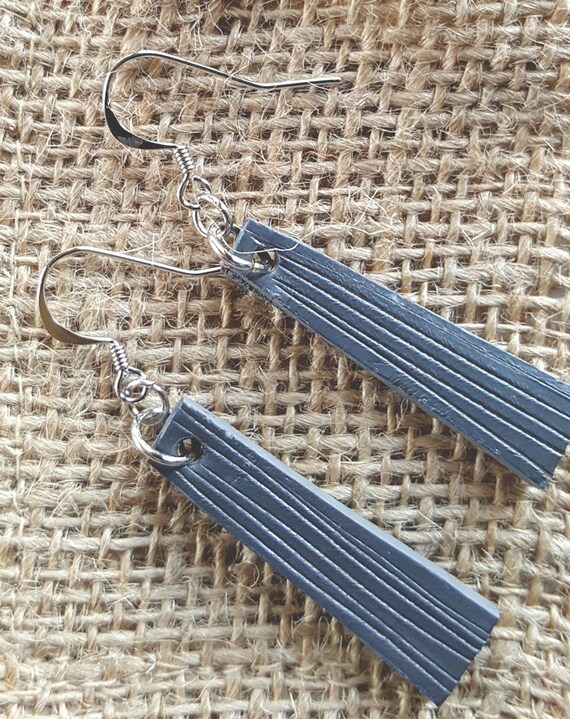 Grey Lightweight Leather Earring Set Silver Shepherd Hooks Ladies Hand Dyed Earring Set Leather Jewelry w/ Burlap Storage Bag-Perfect Gift