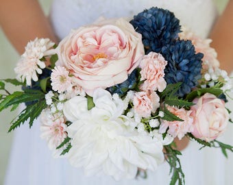 Navy Bouquet, Blush and Navy, Blush Pink Bouquet, Silk Bouquet, Wedding Bouquet, Silk Bridal Bouquet, Blush Bouquet, Bridal Bouquet Blue