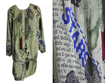 80s Jean Claire Pleated Dress / Khaki / Pleated Dress / Drop Waist / 1980s / Unusual Short Dress / Size S-M / Medium / Collage Print