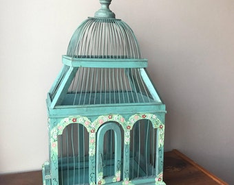 Vintage Wood and Wire Birdcage, Green Birdcage, Garden Art. Succulent Planter