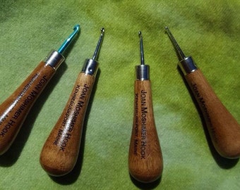 Joan Moshimer Hooks- turned maple handle with chrome hook, sizes fine, medium, course and primitive available below