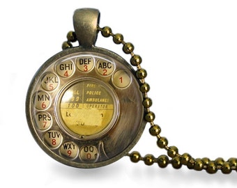 Retro telephone rotary dial pendant necklace antique bronze vintage phone