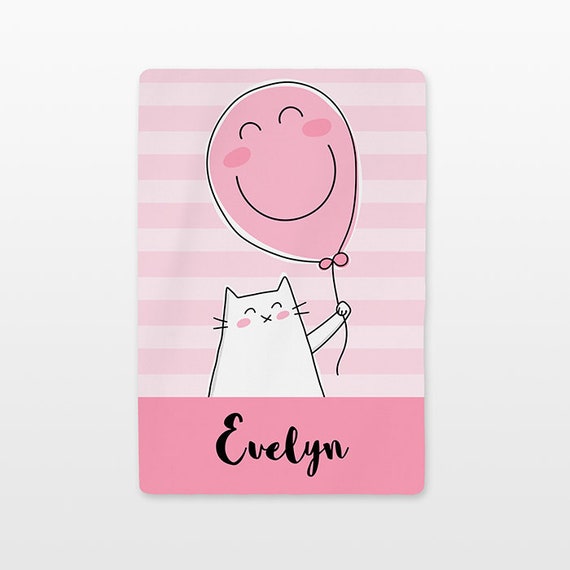 Balloon Cat Personalized Baby Blanket Custom Name Baby Girl Throw Plush Minky Soft Fleece Kids New Baby Gift Idea Cute Unique Pastel Pink