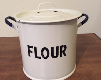1956 white and navy blue enamel flour storage with lid