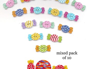 Sweets Candy Shaped Craft Buttons Wood 10 Two Hole Pack Brooch Making Sewing Knitting Card Embellishment Scrapbooking Gift Tags Decoration