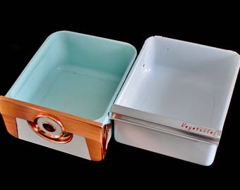 White Enamel Refrigerator Bin Vegetable Crisper, or Copper Tone / Turquoise Fridge Drawer, Mid Century Kitchen Appliances