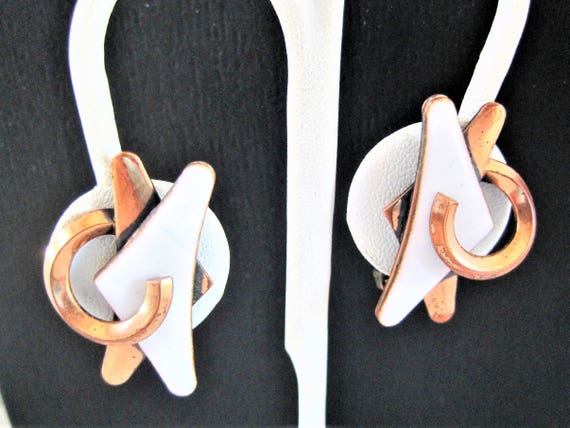 Matisse White Earrrings, Signed Enamel on Copper, Mid Century Clip Ons