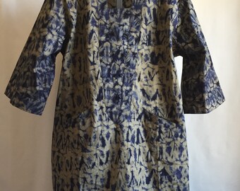 Handcrafted African Green Indigo Batik Tunic V Neck Front Placket Plus Size 1X