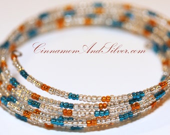 Blue and Orange Hippie Seed Bead Coil Bracelet, Blue Bangle Bracelet, Blue Memory Wire Bracelet, Multicolor Coil Wrap Seed Bead Bracelet